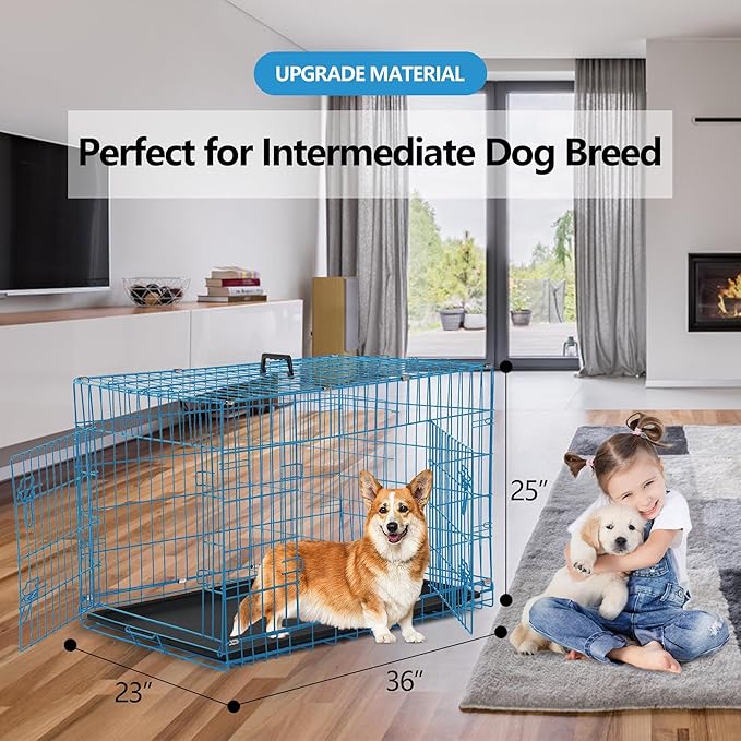 Dog Crate, 24/30/36/42/48 Inch Dog Crates for Small Medium Large Dogs Indoor, Folding Metal Dog Kennel Dog Cage with Double-Door, Divider Panel, Removable Tray, Locks and Handle, (36 Inch, Blue)