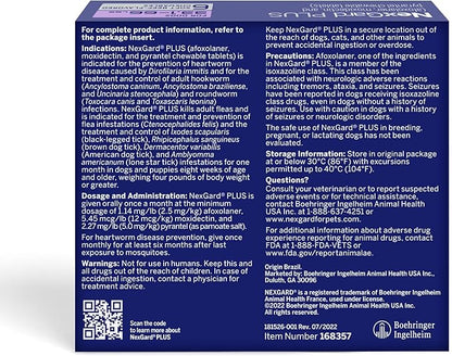 NexGard Plus (afoxolaner, moxidectin, and pyrantel) Flea and Tick Protection & Heartworm Preventive for Dogs Soft Beef Flavored Chewables, 33.1-66 lbs. (Purple) 6 Chews (6 Month Supply)