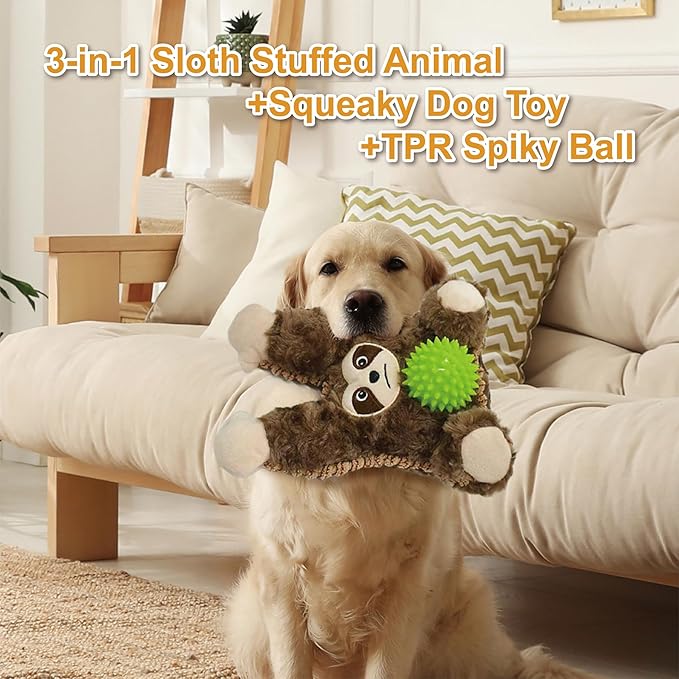 Grey Brown Sloth Plush Spiky Squeaky Dog Toy for Chewers Puppy Teething Chew Toy Cute Soft Funny Durable Stuffed Animal Interactive Tough Dog Toy for Small Medium Large Dogs Toy Gift 22cm/8.66in