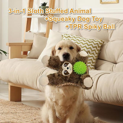 Grey Brown Sloth Plush Spiky Squeaky Dog Toy for Chewers Puppy Teething Chew Toy Cute Soft Funny Durable Stuffed Animal Interactive Tough Dog Toy for Small Medium Large Dogs Toy Gift 22cm/8.66in