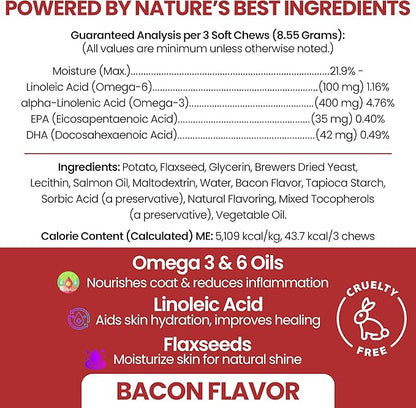 Omega for Dogs - 180 Delicious Soft Chews - Salmon Oil Treats for Skin and Coat, Itch Relief - Fish Oil Blend of Essential Fatty Acids, Omega 3, 6, and 9, and Vitamins - Smoked Bacon Flavor