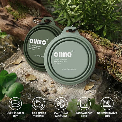 OHMO Collapsible Dog Water Bowls w/Built-in Stainless Steel Ring – 2pcs Small 12oz/400ml Portable Silicone Pet Feeding Bowl for Hiking, Camping, Travel