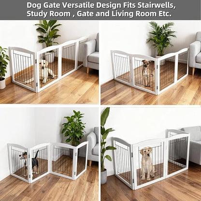 ZJSF Freestanding Foldable Dog Gate - Extra Wide White Puppy Gate for Stairs & Doorways - Tall 4 Panels Wooden Pet Fence