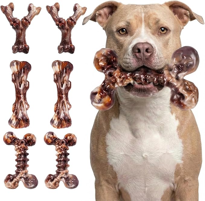 Kseroo Indestructible Dog Toys for Aggressive Chewers 6-Pack: Bacon Flavored Dog Chew Toys, Tough Dog Toys for Medium & Large Dogs (20-90lbs), Heavy Duty Nylon Dog Bone Toys to Keep Them Busy, Brown