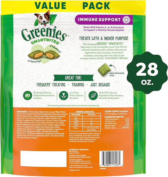 Greenies Smartbites Soft Dog Treats, Dog Immune Support Crunchy & Soft, Chicken Flavor, 28 oz. Pack