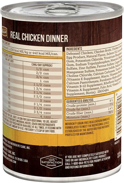 Merrick Grain Free Premium And Natural Canned Dog Food, Soft And Healthy Wet Recipe, Real Chicken Dinner - (Pack of 12) 12.7 oz. Cans