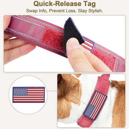 KCUCOP Tactical Dog Collar for Medium & Large Dogs - Military Nylon Heavy Duty Collar with Handle, Reflective Strip & Metal Buckle for Training, Outdoor (Pink Reflective, Large)