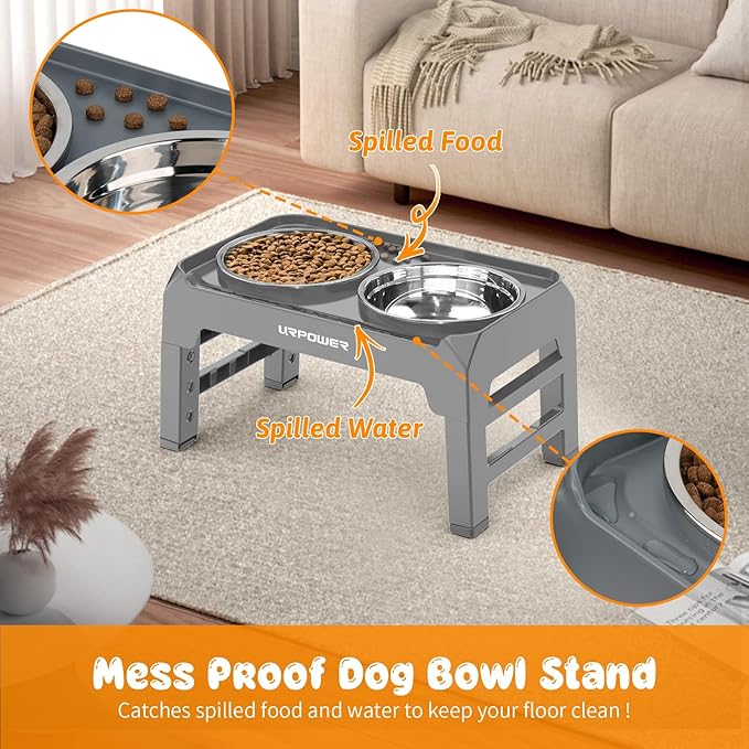 URPOWER Raised Dog Bowls 4 Height Adjustable Elevated Bowl Stand with Stainless Steel Water Bowl Non-Slip Dog Food Bowls Stand for Small Medium Large Dogs and Pets