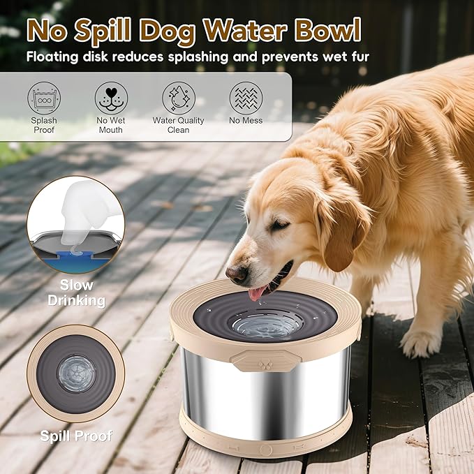 UPSKY Dog Water Bowl No Spill 12L Stainless Steel, 3.17 Gallon Large Capacity Spill-Proof Dog Bowls, Non-Slip Slow Drinking Anti-Splash Bowl for Large Messy Drinkers, No Mess Indoor/Outdoor Use, Beige
