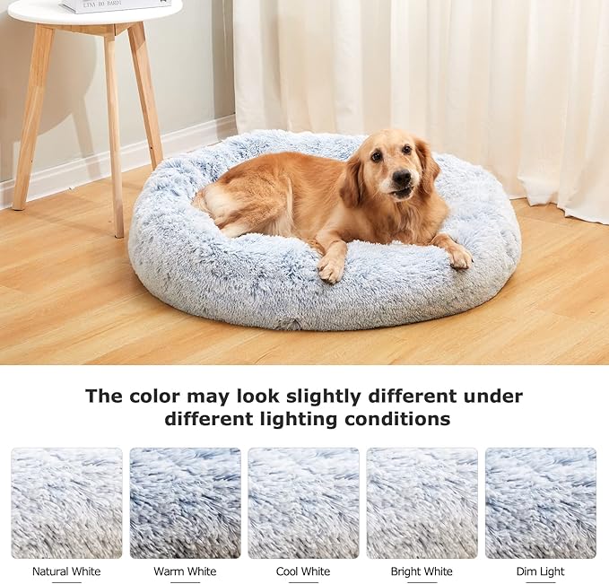 Bedfolks Calming Donut Dog Bed, 30 Inches Round Fluffy Dog Beds for Medium Dogs, Anti-Anxiety Plush Dog Bed, Machine Washable Pet Bed (Light Blue, Medium)