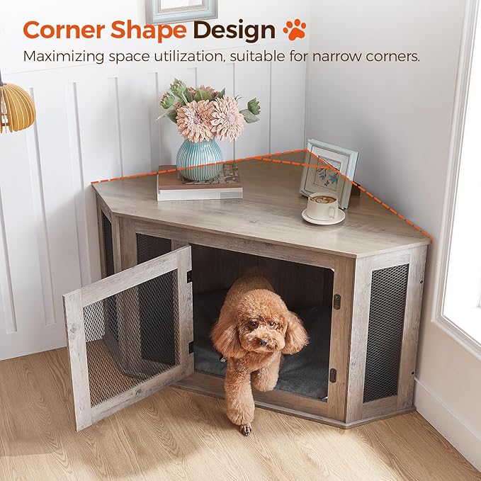 MAHANCRIS Corner Dog Crate Furniture, Wooden Dog Kennel End Table, Decorative Pet Crate Indoor Use, Furniture Style Dog House for Small Medium Dog, Dog Cage TV Stand, Greige and Black DCHG0801