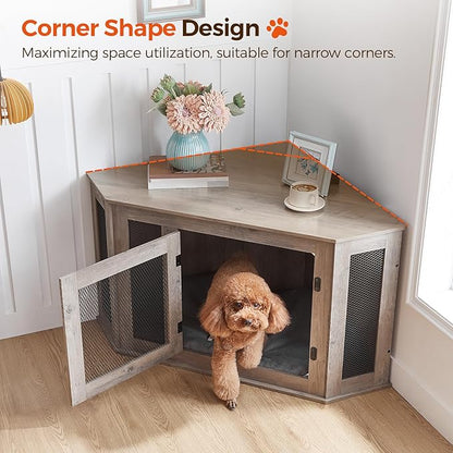 MAHANCRIS Corner Dog Crate Furniture, Wooden Dog Kennel End Table, Decorative Pet Crate Indoor Use, Furniture Style Dog House for Small Medium Dog, Dog Cage TV Stand, Greige and Black DCHG0801