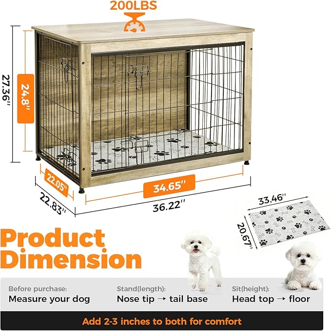 SHAWKEN Wooden & Metal Large Dog Crate Furniture Indoor with Soft Cushion, Double-Door Dog House, 37.4" L Dog Kennel (Oak Grey, Large)