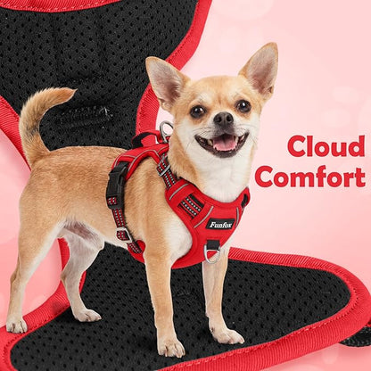Funfox Dog Harness No Pull, Adjustable Pet Vest Harness, Super Soft Material with Vertical Handle Easy Control, Reflective Night Walking, 2 Leash Clips for Small Sized Dogs, Red, S