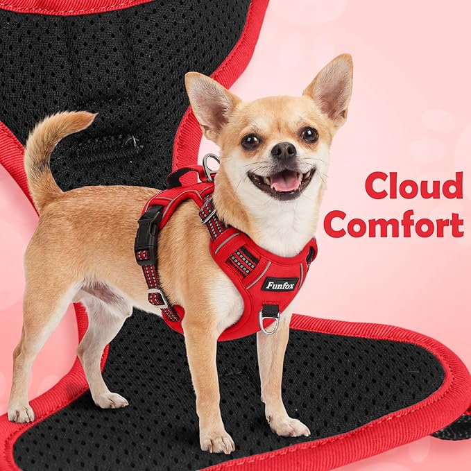 Funfox Dog Harness No Pull, Adjustable Pet Vest Harness, Super Soft Material with Vertical Handle Easy Control, Reflective Night Walking, 2 Leash Clips for Large Dogs, Red, L