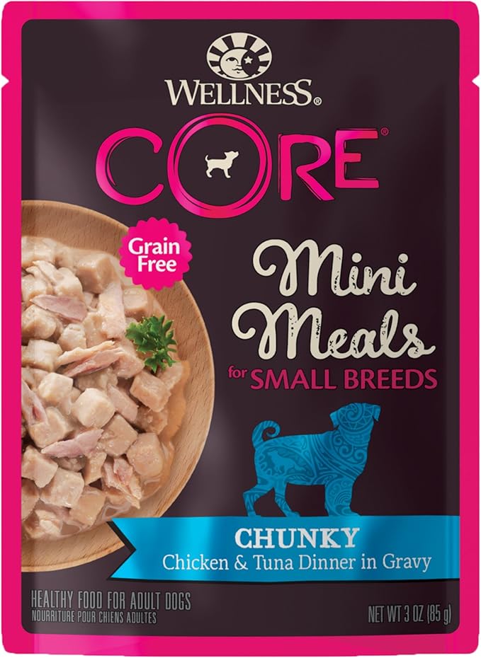 Wellness CORE Small Breed Mini Meals Chunky in Gravy Adult Wet Dog Food, Grain Free, Natural, Chicken and Tuna Dinner Recipe, 3 oz, Pack of 12 Pouches
