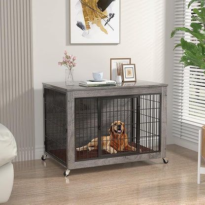PRETZI Dog Crate Furniture with Cushion,38" Wooden Dog Crate nightstand with Double Doors, Grey Kennel Indoor with Wheels, Decorative Pet House for Medium Large Dog