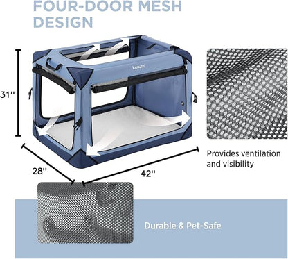 Lesure Collapsible Dog Crate - Portable Travel Kennel for Extra Large Dog, 4-Door Pet Crate with Mesh Windows, Indoor & Outdoor, Blue