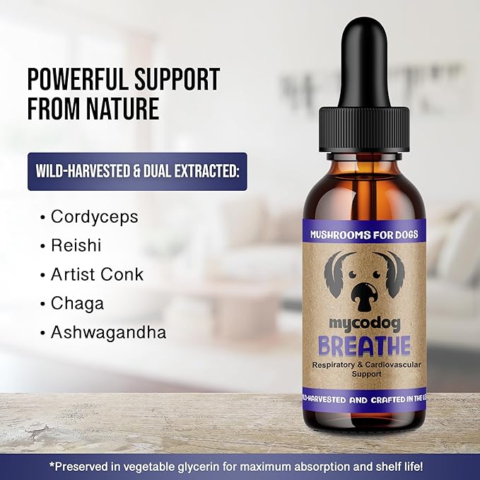 MycoDog Breathe - Respiratory Support Supplement for Dogs - Breathing Comfort & Airway Health - French Bulldogs, Pugs, & Flat-Faced Breeds - Natural Mushroom and Ashwagandha Drops - 2 oz