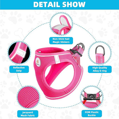 Hipubby Dog Harness and Leash Set, No Pull Soft Mesh Puppy Harness for Small Medium Dogs, Cats - Step in Reflective Breathable Lightweight Vest Harness for Walking, Training - Rose Red, M