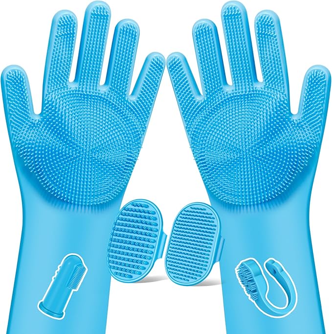 Augwind 6PCS Pet Grooming Kit for Dogs,Cats and Horses | Dog Washing Gloves | Dog Bath Brush | Dog Bath Gloves | Dog Shampoo Brush | Pet Grooming Gloves | Dog Bath Supplies (Light Blue)