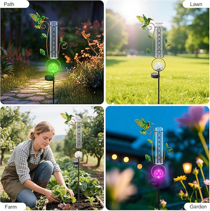 Rain Gauge Outdoor - Solar Rain Gauges Hummingbird Decorative with Color Changing LED Cracked Ball Lights 7" Freeze Proof Tube Rain Gauge Outdoors Best Rated for Yard Lawn Patio Garden Decor