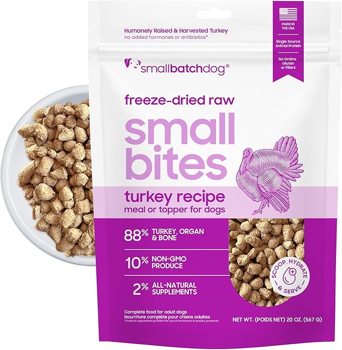 smallbatch Pets Freeze-Dried Raw Dog Food – Turkey Recipe –20 oz Small Bites – High Protein, Grain Free – Complete Meal or Topper – Made in USA with Organic Superfoods(20 Oz, Turkey)