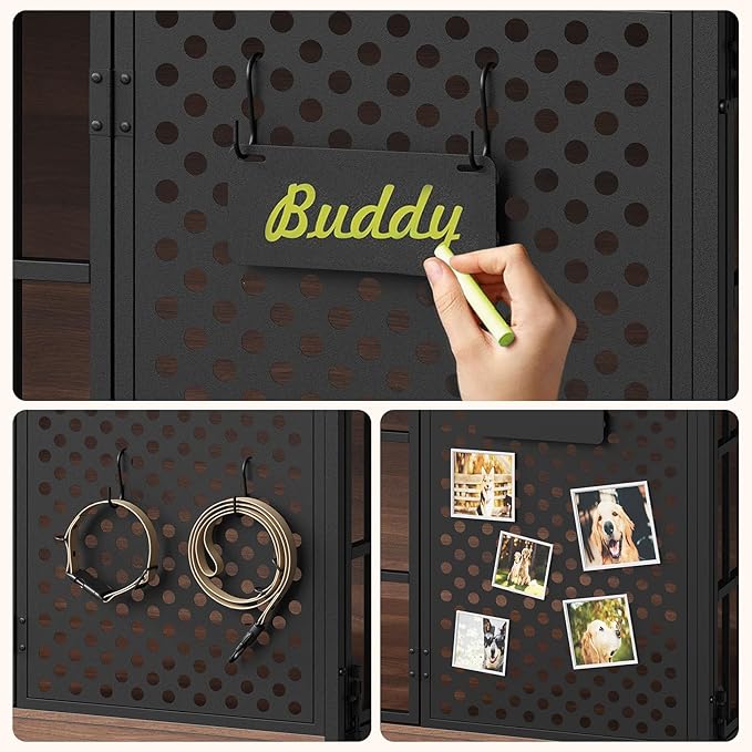 HOOBRO 71" Dog Crate Furniture for 2 Large Dogs, Heavy Duty Indoor Kennel with Removable Divider & Name Tags, TV Stand Cage Furniture for Medium & Large Dogs, Walnut & Black BH84GW03
