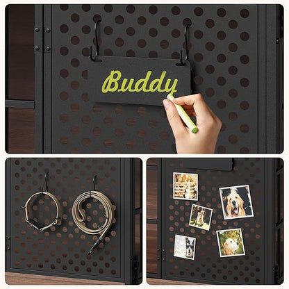 HOOBRO 71" Dog Crate Furniture for 2 Large Dogs, Heavy Duty Indoor Kennel with Removable Divider & Name Tags, TV Stand Cage Furniture for Medium & Large Dogs, Walnut & Black BH84GW03