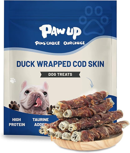 PAWUP Cod Skin Dog Treats with Duck Dog Snacks High Protein and Omega-3, Natural Dog Chews w/Taurine, 21 oz