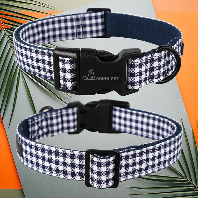 ARING PET Dog Collar, Cute Adjustable Comfortable Cotton Navy White Plaid Pet Collars for Small Medium Large Male Female Boy Girl Dogs-X-Small