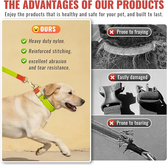 Dog Collar and Leash Set with Metal Quick Release Buckle, Adjustable, Breathable Nylon, Durable, Soft and Comfortable, No Pull for Walking and Training, Fluorescent Yellow, XL (16.9"-26")