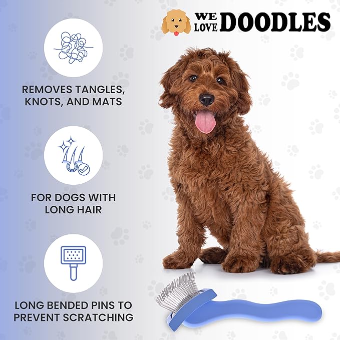 Slicker Brush for Dogs, Dog Grooming Supplies - Best Doodle & Poodle Brush for Haired Dogs - Goldendoodle Pin Detangler for Dematting (Small Curved)