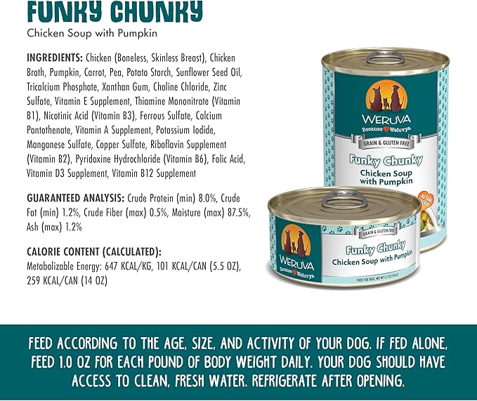 Weruva Classic Dog Food, Funky Chunky Chicken Soup with Chicken Breast & Pumpkin in Gravy, 5.5oz Can (Pack of 24), Blue