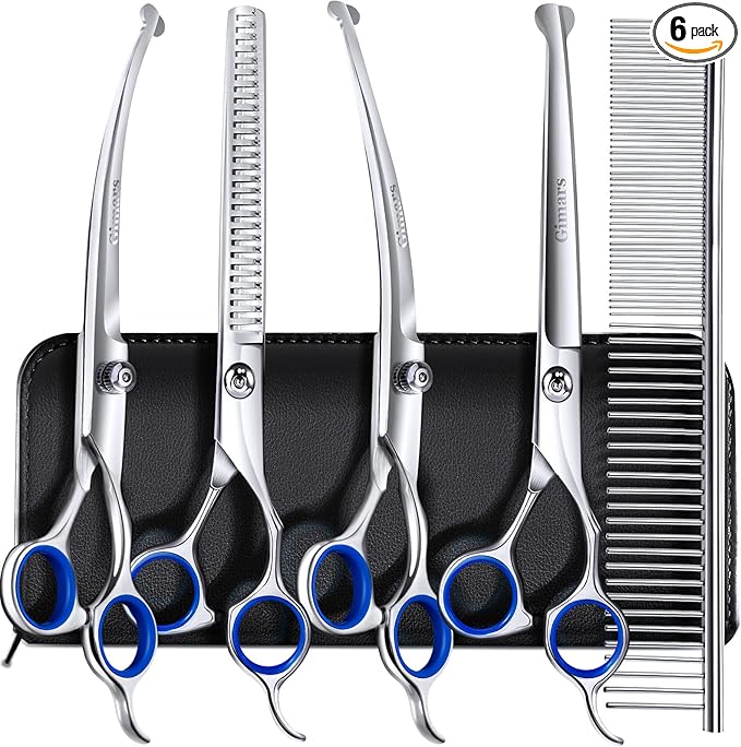 Gimars 7.0in Professional 4CR Stainless Steel Safety Round Tip 6 in 1 Dog Grooming Scissors Heavy Duty Titanium Coated Pet Grooming Scissor for Dogs, Cats and Other Animals