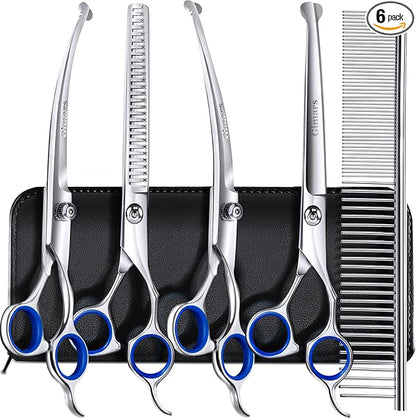 Gimars 7.0in Professional 4CR Stainless Steel Safety Round Tip 6 in 1 Dog Grooming Scissors Heavy Duty Titanium Coated Pet Grooming Scissor for Dogs, Cats and Other Animals