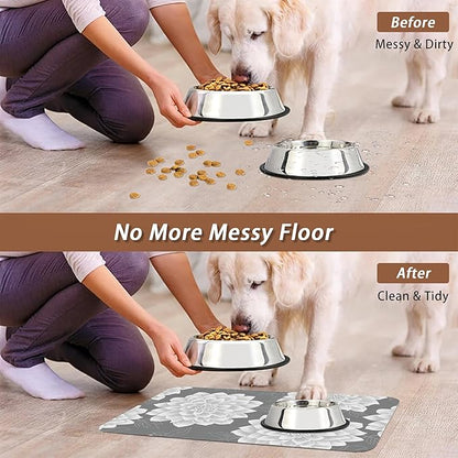 Dahlia Dog Cat Food Mat,Gray White Flowers Absorbent Pet Feeding Mat with Rubber Backing,Non-Slip Water Bowl Placemat,Indoor Pet Accessories Supplies 16"x24"