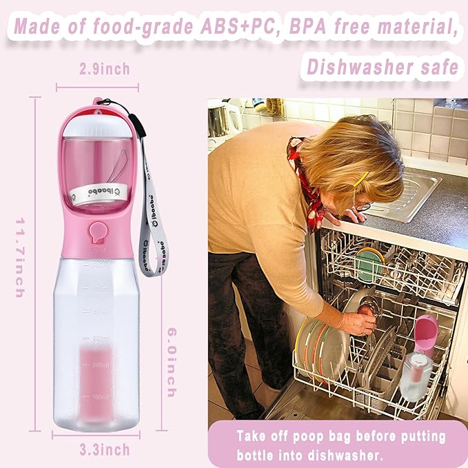 Cibaabo Dog Water Bottle with Food Container & Poop Bag Holder, Travel Water Bowl, Portable Pet Dispenser, Girl Dog Accessories Stuff Items Essentials Gift for Yorkie Chihuahua Walking Hiking