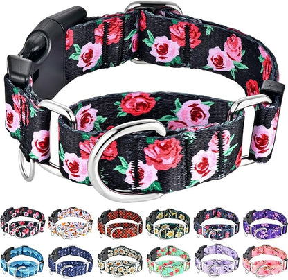 Martingale Collar for Dogs Pink Floral Dog Collars for Small Dogs with Buckle Girl Female Soft Nylon Dog Collar (Black Pink Rose, S)