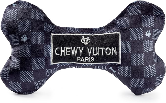 Haute Diggity Dog Chewy Vuiton Bone Plush Squeaky Dog Toy, Soft Durable Designer-Inspired Stuffed Puppy Chew Toys for Small, Medium & Large Dogs, Machine-Washable (Black Checker) XL