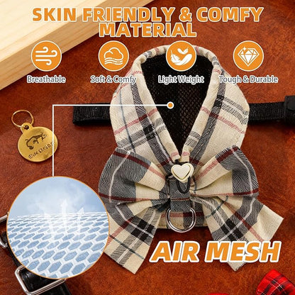 KOOLTAIL Cute Cat Harness and Leash Set with Bowtie, Small Dog Vest Harnesses, Step in No Pull Soft Mesh Padded Adjustable Plaid Pet Harness for Extra-Samll Medium Puppy Kitten, Boy Girl, Beige XS