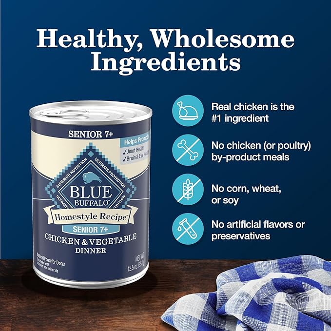 Blue Buffalo Homestyle Recipe Senior Wet Dog Food, Made with Natural Ingredients, Chicken Dinner with Garden Vegetables, 12.5-oz Cans (12 Count) (Pack of 2)