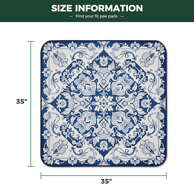 FXW Washable Pee Pads for Dogs, Leak-Proof & Non-Slip, Specifically Designed for Potty Training, 35" Square, Mandala Blue, 2 Packs