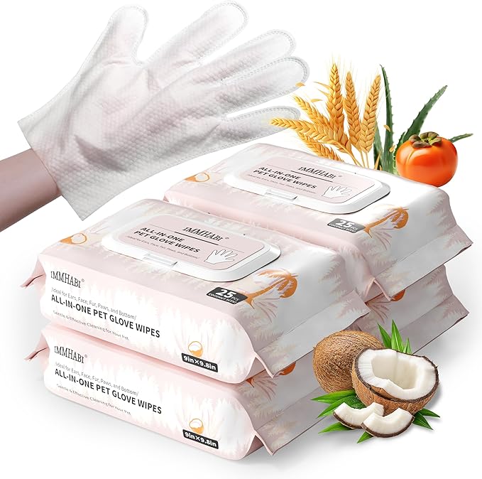 IMMHABI 100 Pcs Cleaning Deodorizing Pet Glove Wipes for Dogs & Cats, Hypoallergenic Dog Bath Wipes with Natural Deodorizer Persimmon Tannin, Pet Bathing Wipes for Horse Coat Care Coconut Scent