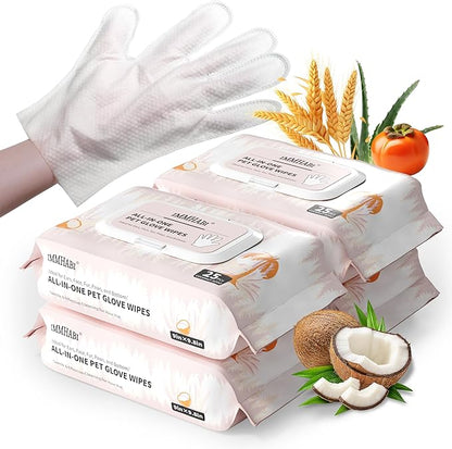 IMMHABI 100 Pcs Cleaning Deodorizing Pet Glove Wipes for Dogs & Cats, Hypoallergenic Dog Bath Wipes with Natural Deodorizer Persimmon Tannin, Pet Bathing Wipes for Horse Coat Care Coconut Scent