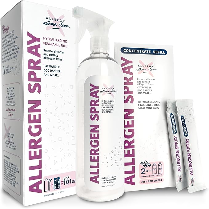 Allergy Asthma Clean Allergen Spray, Pets, Dust Allergies & More, Air & Surface Control, Just Add Water, Bottle Plus Two Refills, Over 100oz Total