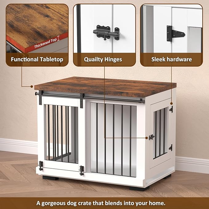 Zakkart Dog Crate Furniture Barn Door for Medium Dogs Up to 40 lbs. - Puppy Kennel w/Thickened Farmhouse Top & Steel Bars - 30'' Wide - White Decorative Modern Dog Crate Table, End Table, Nightstand