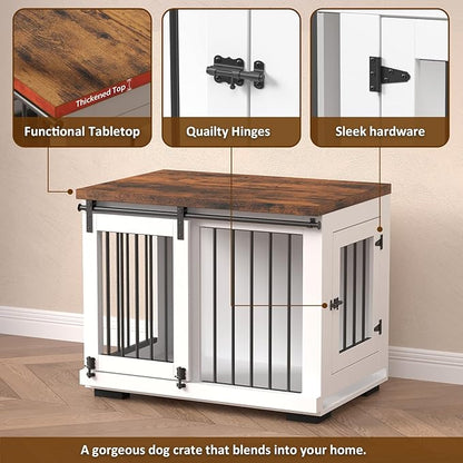 Zakkart Dog Crate Furniture Barn Door for Medium Dogs Up to 40 lbs. - Puppy Kennel w/Thickened Farmhouse Top & Steel Bars - 30'' Wide - White Decorative Modern Dog Crate Table, End Table, Nightstand