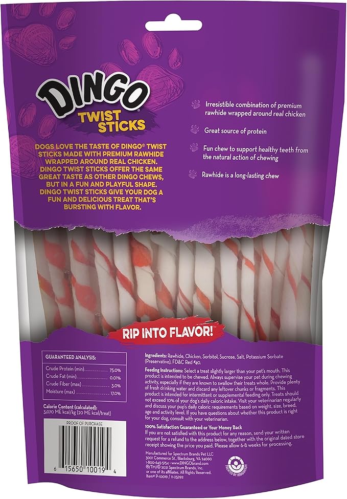 Dingo Twist Sticks Rawhide for Dogs, Made with Real Chicken, 50 Count