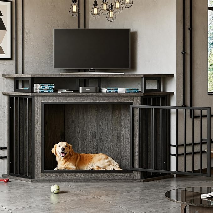 IRONCK Corner Wooden Dog Crate Furniture with 2-Tier Shelves, Pet Kennel for Large Dogs, Space-Saving Dog Cage Indoor, Rustic Brown (26.7" L x 51.2" W x 33.5" H)
